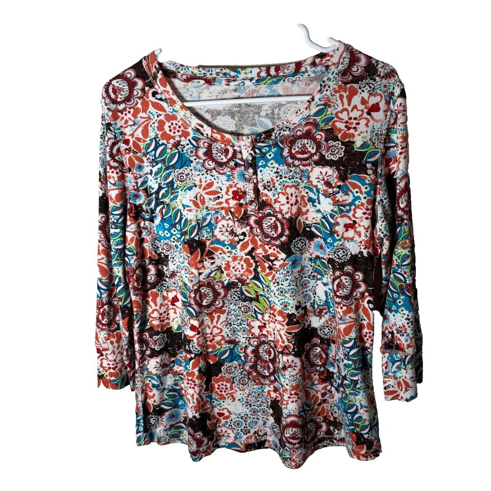 Allyson Whitmore Blouse Women's Petite XL Round Neck 3/4 Sleeve Floral Shirt Top